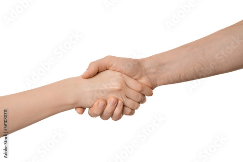 Shaking hands of two people, isolated on white. Male and female hands.