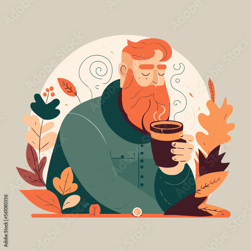 a man relaxing sitting drinking hot flavored coffee or tea Hygge concept