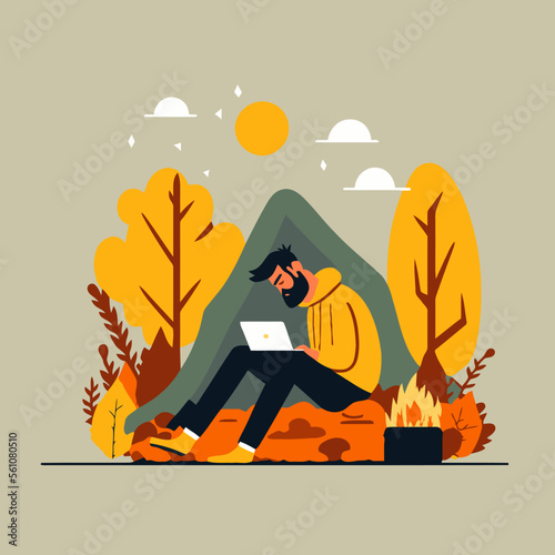 happy man working on laptop in hygge style, freelance remote work vector