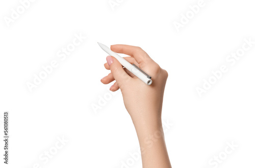 Female hand with a light pen on a white background, isolate. photo