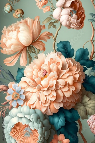 peonies floral pattern in vintage print style light blush tones