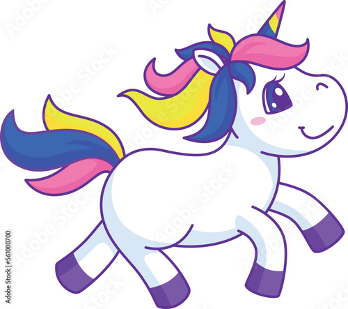 Cute little unicorn running. Cartoon fairytale character