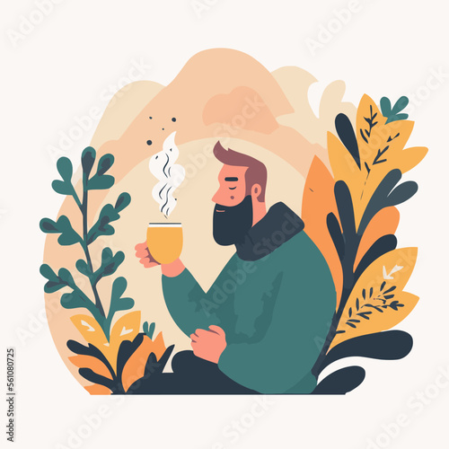 a man relaxing sitting drinking hot flavored coffee or tea Hygge concept