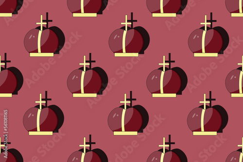 Seamless pattern with hat of prince of Kievan Rus. 
The crown of the tsarist Empire on viva magenta background in cut out paper style. Easter backdrop concept.