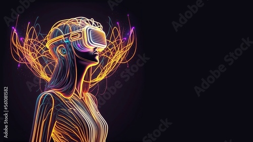 Woman wearing virtual reality glasses. Neon lights photo