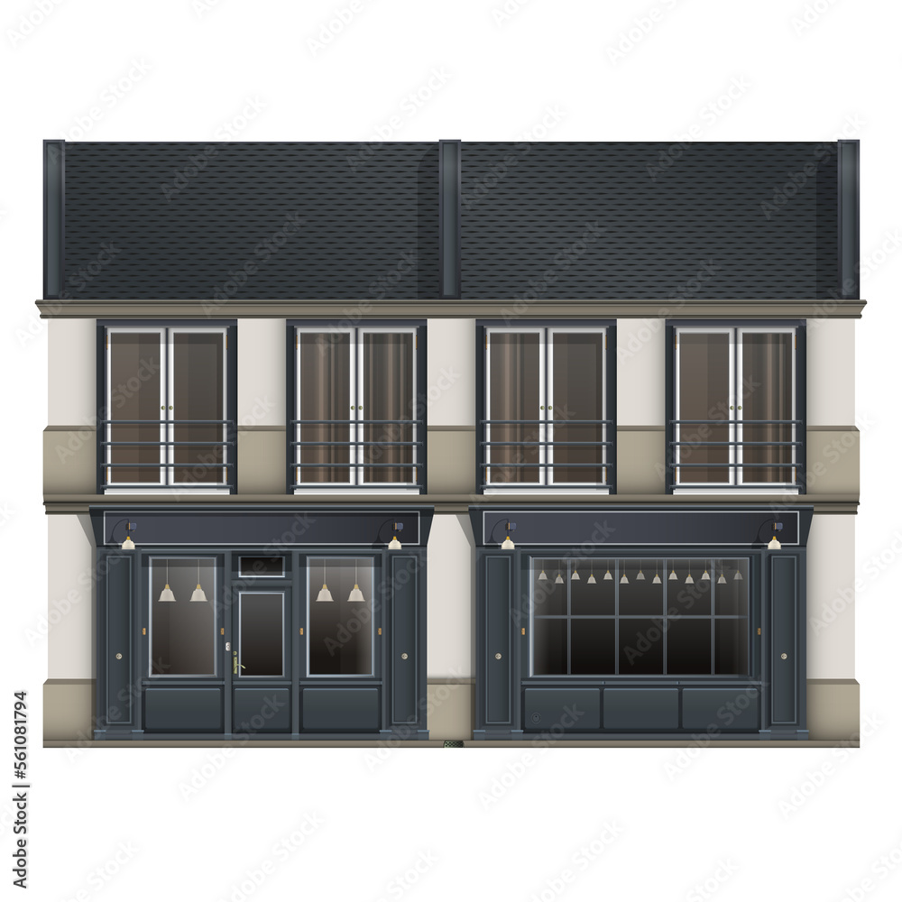 Coffeeshop facade front view in realistic style. French old Building. European architecture. Colorful PNG illustration.