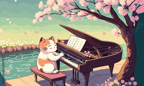 cute anthropomorphic cat playing the piano