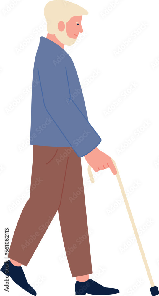 Old man walking with cane. Elderly character side view Old man walking with cane. Elderly character side view