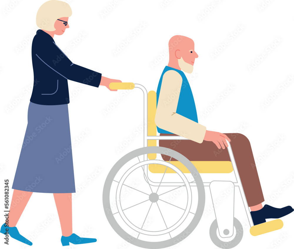 Old woman pushing wheelchair with old man. Caring senior Old woman pushing wheelchair with old man. Caring senior