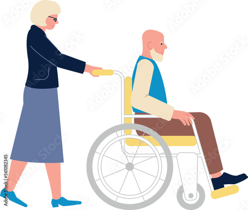Old woman pushing wheelchair with old man. Caring senior