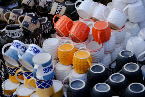 Hand made colorful ceramic pottery. Hand painted pottery. Traditional pottery fair in Pune, India.