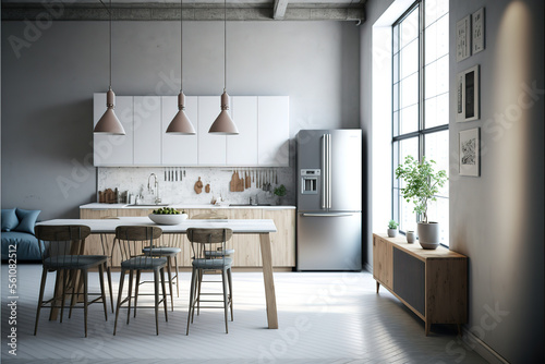 Modern furniture in luxury kitchen. Minimalist scandinavian interior in loft apartment with wooden furniture, lamps, concrete elements and plants