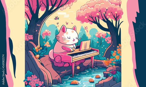 cute anthropomorphic cat playing the piano