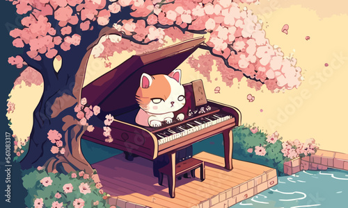 cute anthropomorphic cat playing the piano