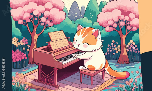 cute anthropomorphic cat playing the piano