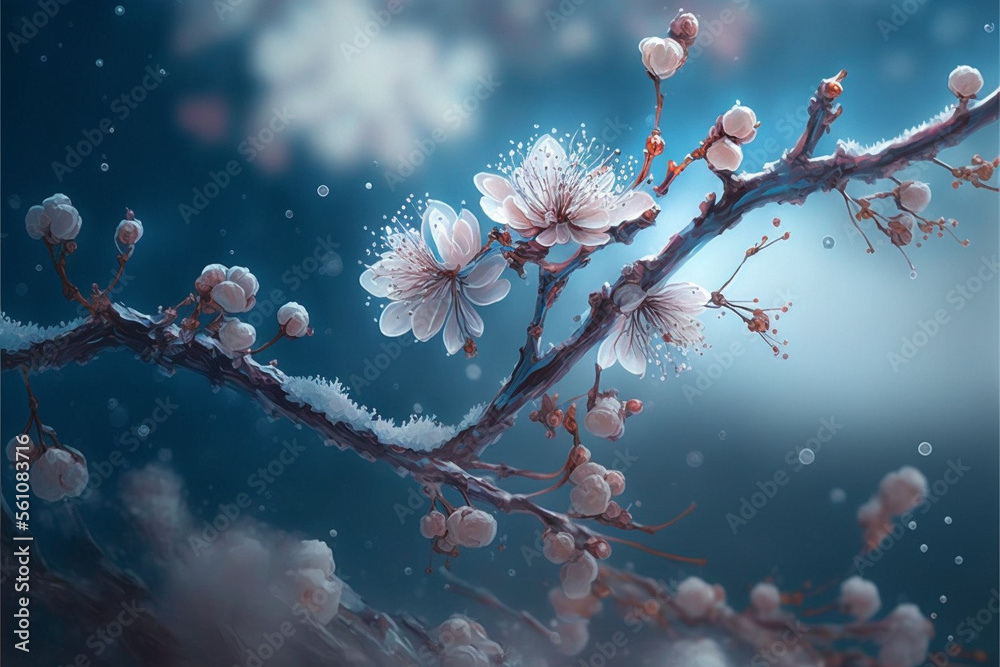 beautiful branch, mild fairy mist, pale blue plum blossom, plum blossom.generative ai.