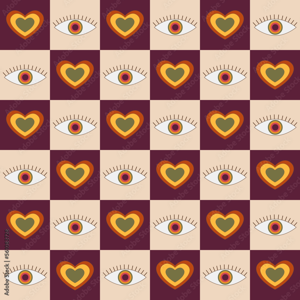 Retro psychodelic seamless pattern with eyes and hearts. Design for sweatshirts, t-shirts,print. Vector illustration Retro psychodelic seamless pattern with eyes and hearts. Design for sweatshirts, t-shirts,print. Vector illustration