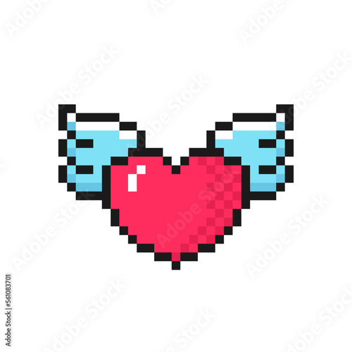 Heart with wings icon in pixel art style. Love symbol for Valentine's Day. Isolated on white background vector sign