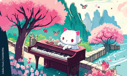 cute anthropomorphic cat playing the piano