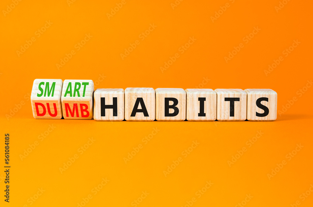 Smart or dumb habits symbol. Concept word Smart habits and Dumb habits on wooden cubes. Beautiful orange table orange background. Business smart or dumb habits concept. Copy space. Smart or dumb habits symbol. Concept word Smart habits and Dumb habits on wooden cubes. Beautiful orange table orange background. Business smart or dumb habits concept. Copy space.