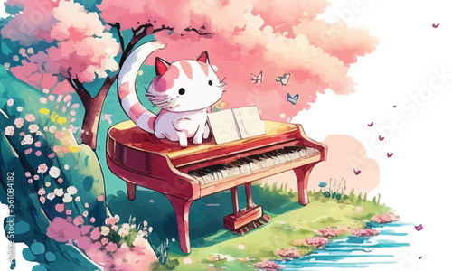 cute anthropomorphic cat playing the piano