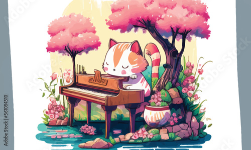 cute anthropomorphic cat playing the piano