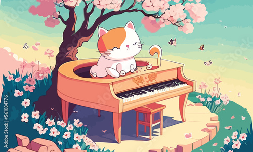 cute anthropomorphic cat playing the piano