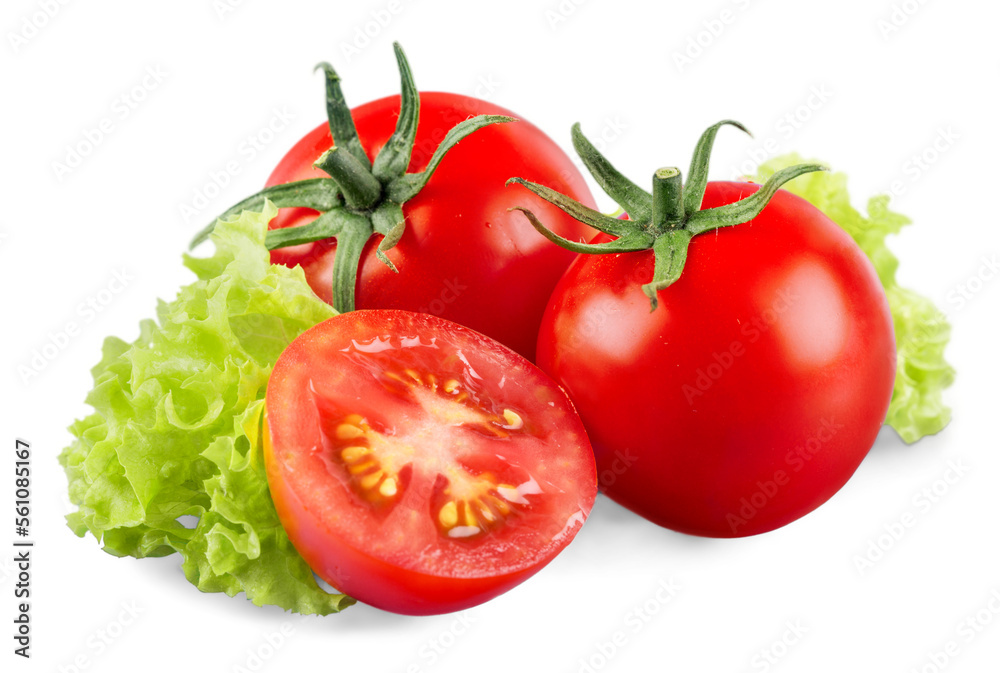Cherry tomatoes and basil leaves isolated on white Cherry tomatoes and basil leaves isolated on white