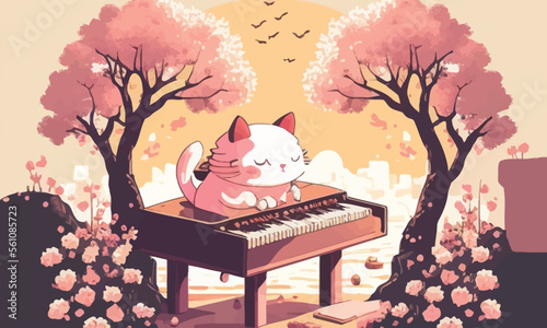 cute anthropomorphic cat playing the piano
