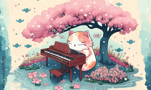 cute anthropomorphic cat playing the piano