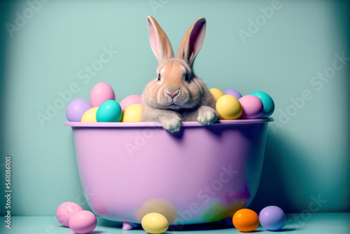 Easter bunny with easter eggs. Generative AI. photo