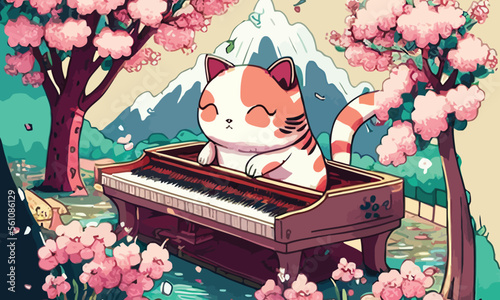 cute anthropomorphic cat playing the piano