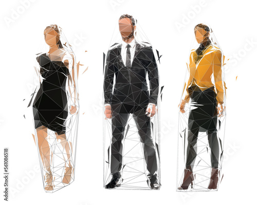 People, group of business men and women. Standing people, low poly isolated vector illustration, geometric drawing from triangles