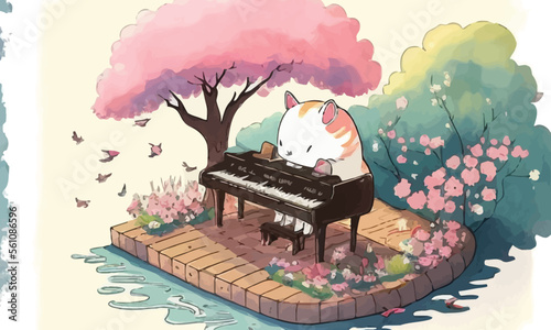 cute anthropomorphic cat playing the piano