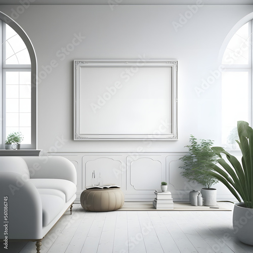 Blank poster frame mockup in modern white clean interior furniture  living room  modern contemporary style  minimalistic