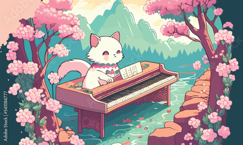 cute anthropomorphic cat playing the piano