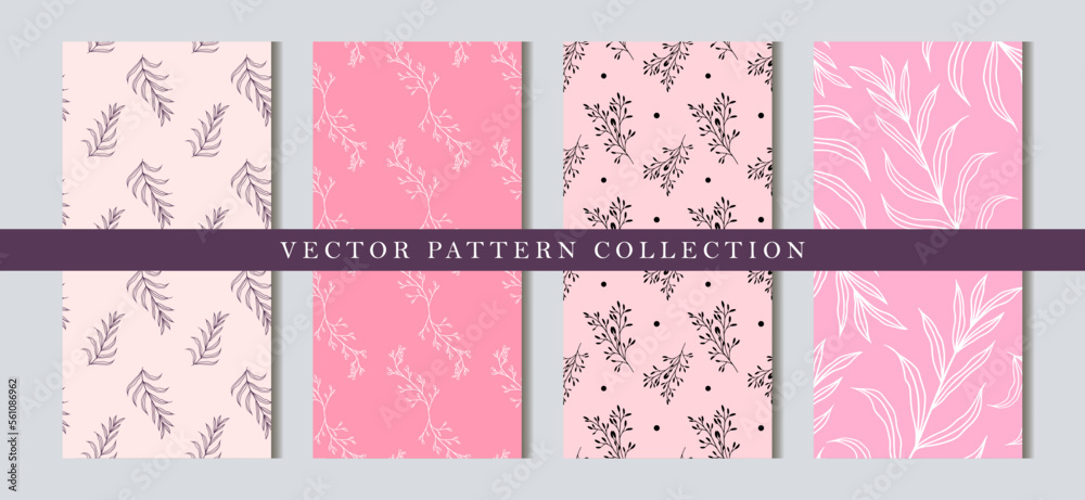 Set of vector seamless patterns with flowers, branches and leaves in gentle pink tones