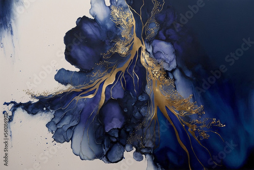 alcohol ink idigo navy blue Gold and blue marbling abstract background, watercolor paint texture imitation created with Generative AI © Nokhoog