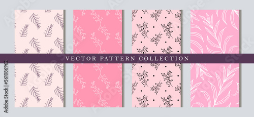 Set of vector seamless patterns with flowers, branches and leaves in gentle pink tones