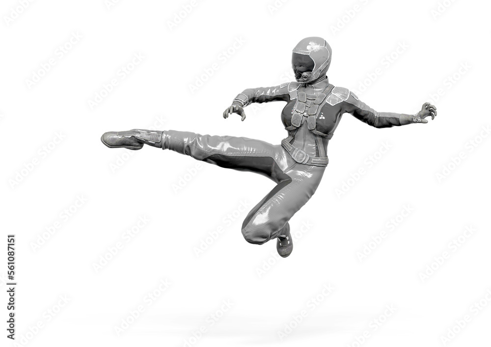 cosmonaut girl is doing a side kick on white background cosmonaut girl is doing a side kick on white background