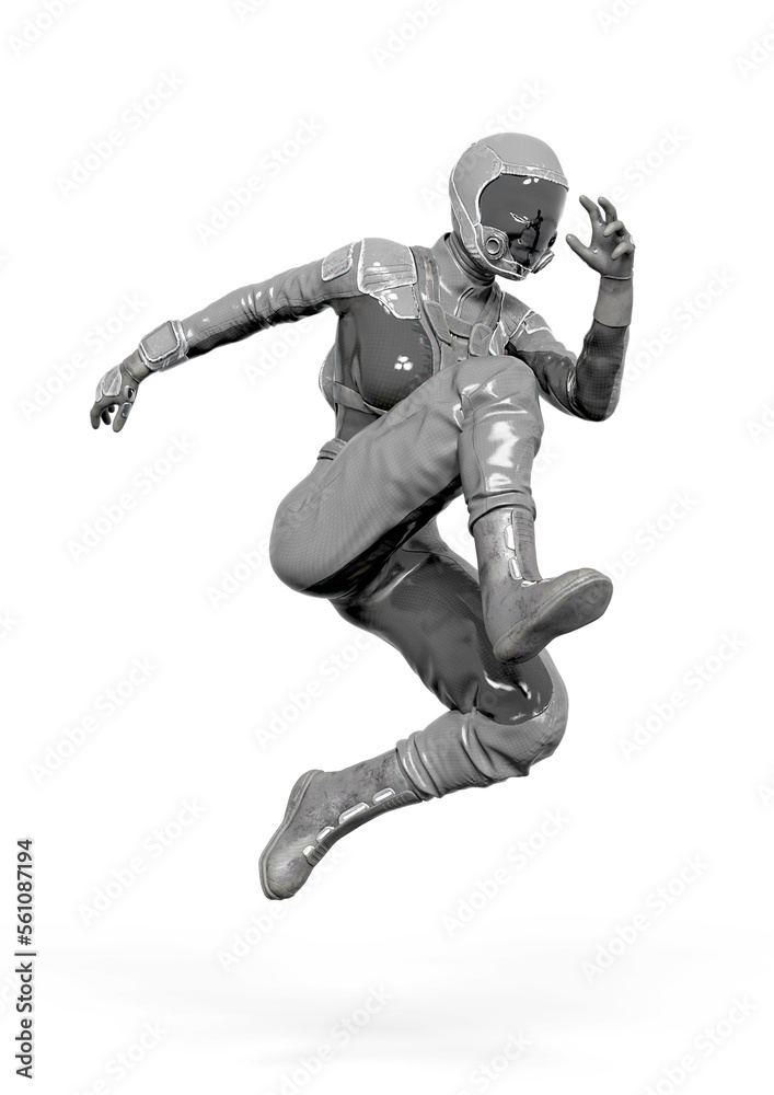 cosmonaut girl is jumping in action on white background cosmonaut girl is jumping in action on white background
