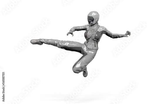 cosmonaut girl is doing a side kick on white background