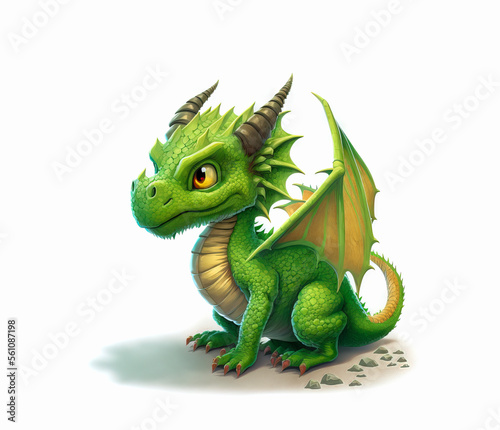 Cute baby bright green fantasy dragon  with big eyes  wings and horns on a white background. Realistic detailed  photo theme  made by AI generation. 