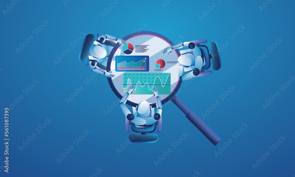The system research and development team is analyzing consumer data using AI to make it more accurate and faster. Used for marketing promotion, virtual reality vector illustration Flat design
