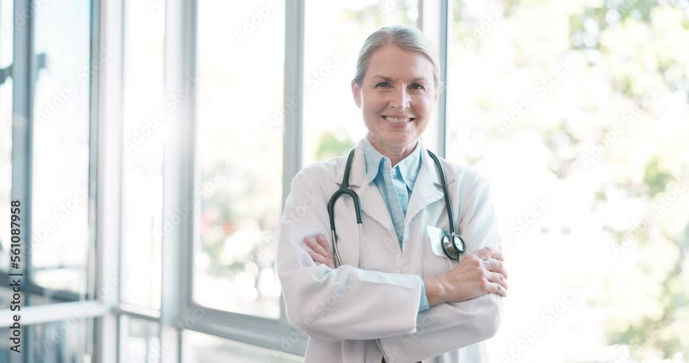 Woman, face or arms crossed doctor with hospital surgery ideas, life insurance vision or medical wellness goals. Mature portrait, smile or happy healthcare worker in trust innovation or success help Woman, face or arms crossed doctor with hospital surgery ideas, life insurance vision or medical wellness goals. Mature portrait, smile or happy healthcare worker in trust innovation or success help