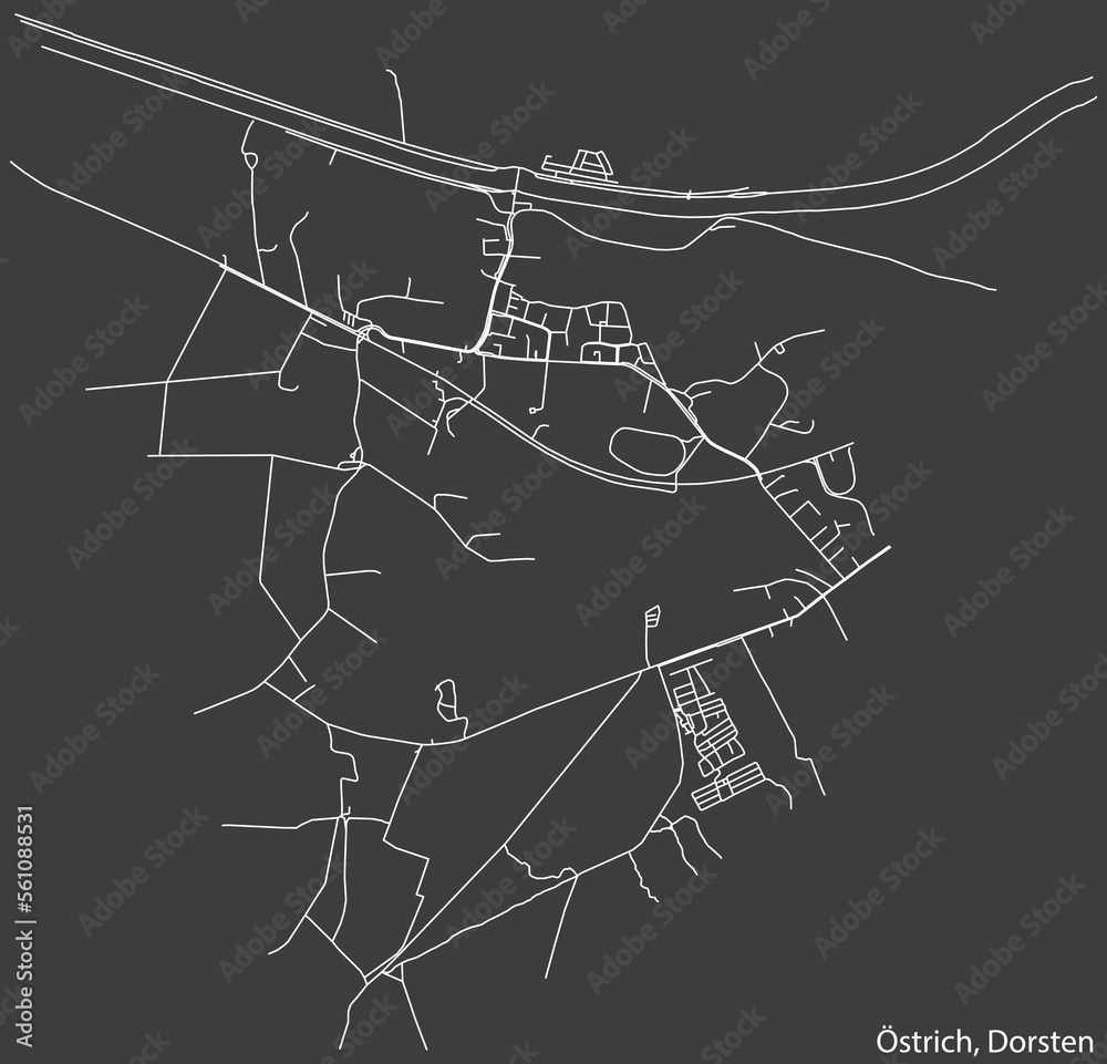 Detailed negative navigation white lines urban street roads map of the ÖSTRICH DISTRICT of the German town of DORSTEN, Germany on dark gray background