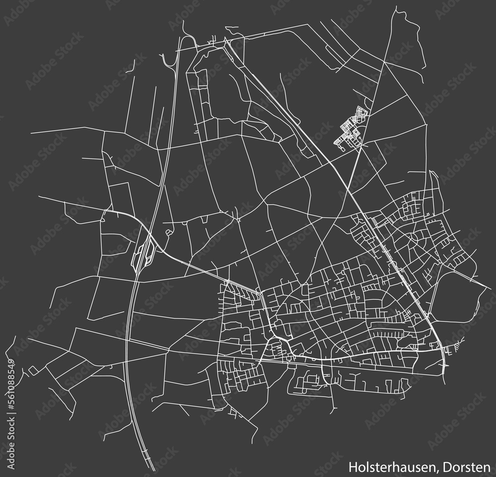 Detailed negative navigation white lines urban street roads map of the HOLSTERHAUSEN DISTRICT of the German town of DORSTEN, Germany on dark gray background