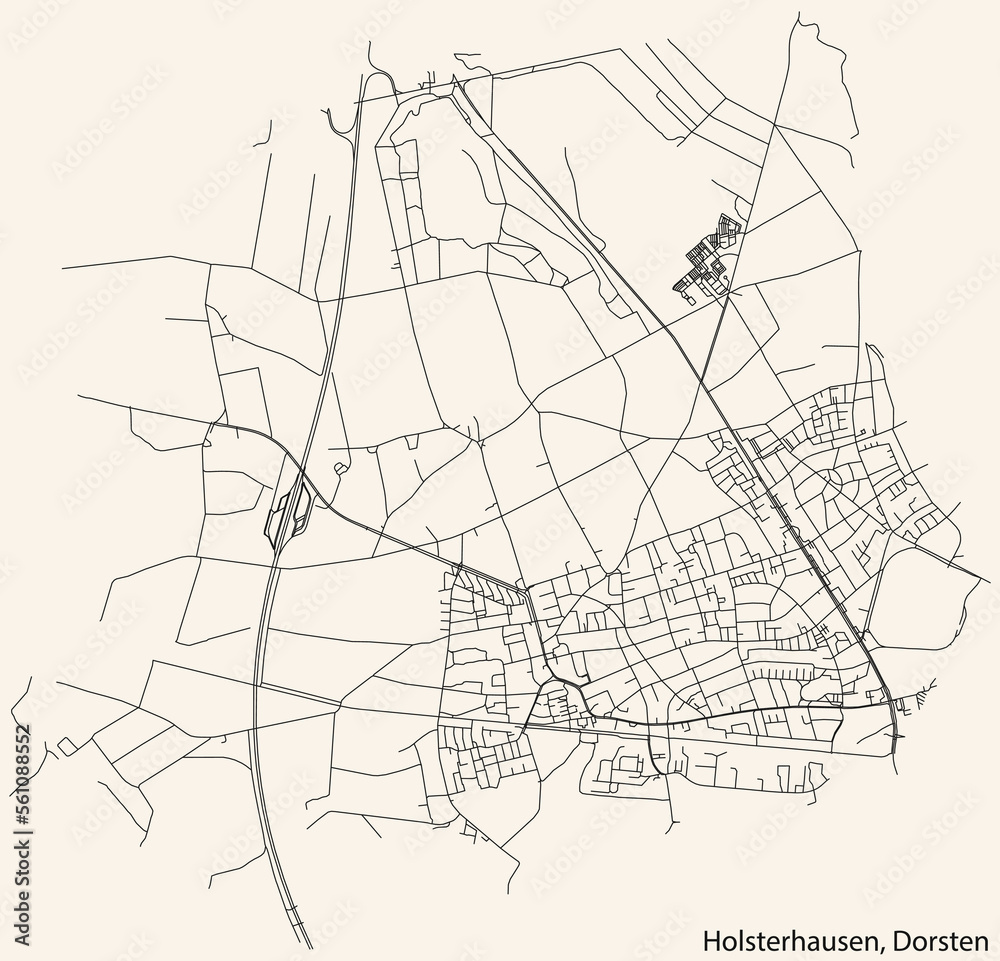 Detailed navigation black lines urban street roads map of the HOLSTERHAUSEN DISTRICT of the German town of DORSTEN, Germany on vintage beige background