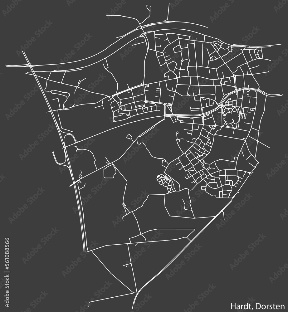 Detailed negative navigation white lines urban street roads map of the HARDT DISTRICT of the German town of DORSTEN, Germany on dark gray background