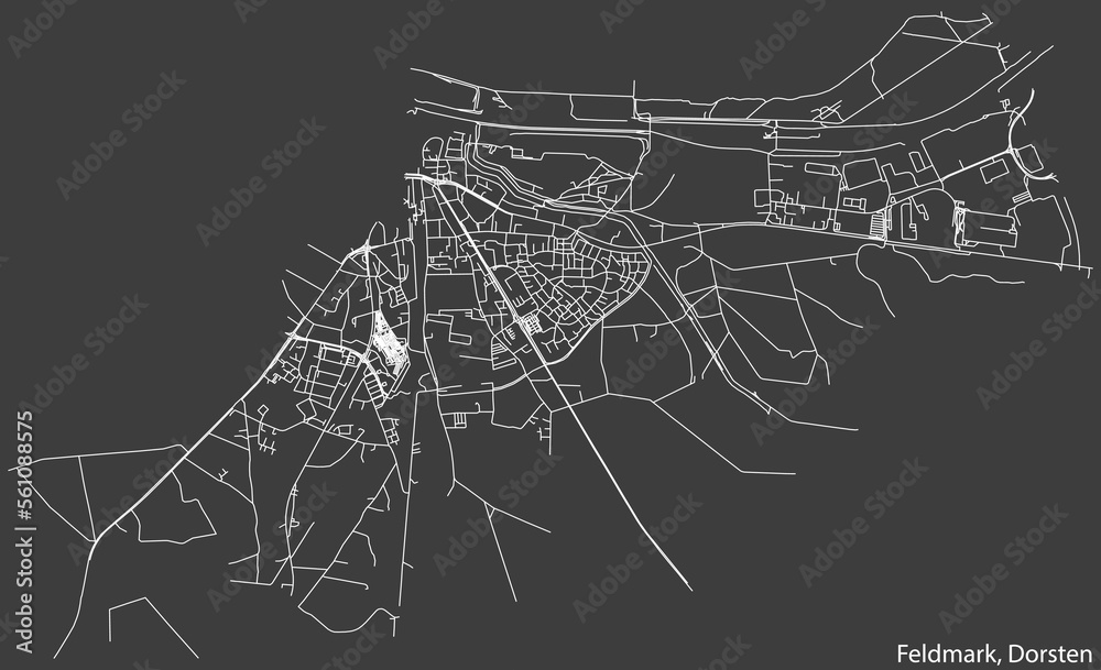 Detailed negative navigation white lines urban street roads map of the FELDMARK DISTRICT of the German town of DORSTEN, Germany on dark gray background